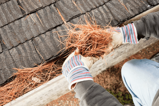 gloved hands cleaning gutter from debris