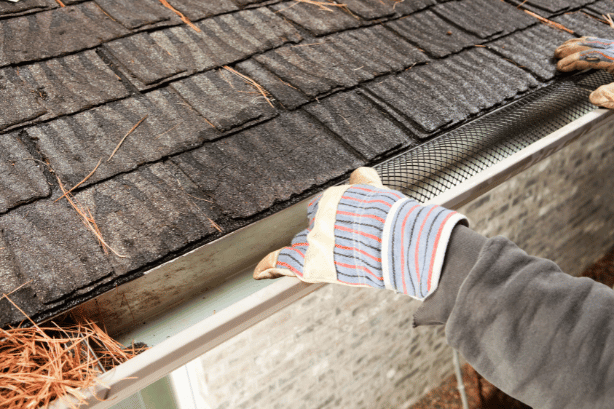 gloved hands installing a gutter guard leaf shield on a house's gutter system