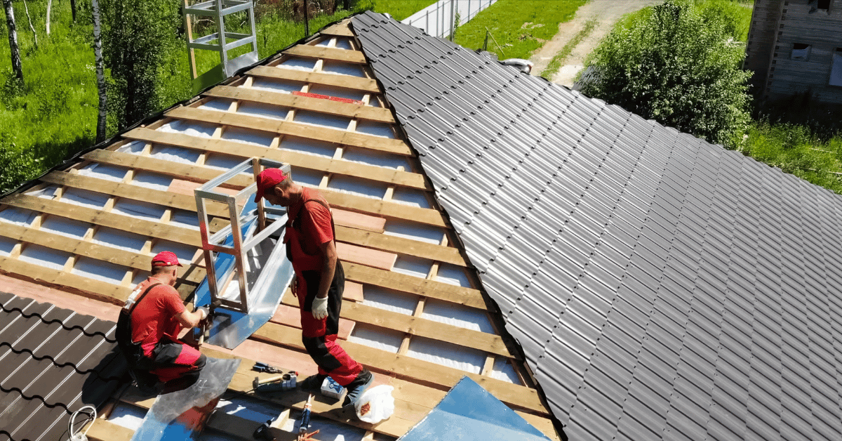 two roofing workers installing roofing materials on a house